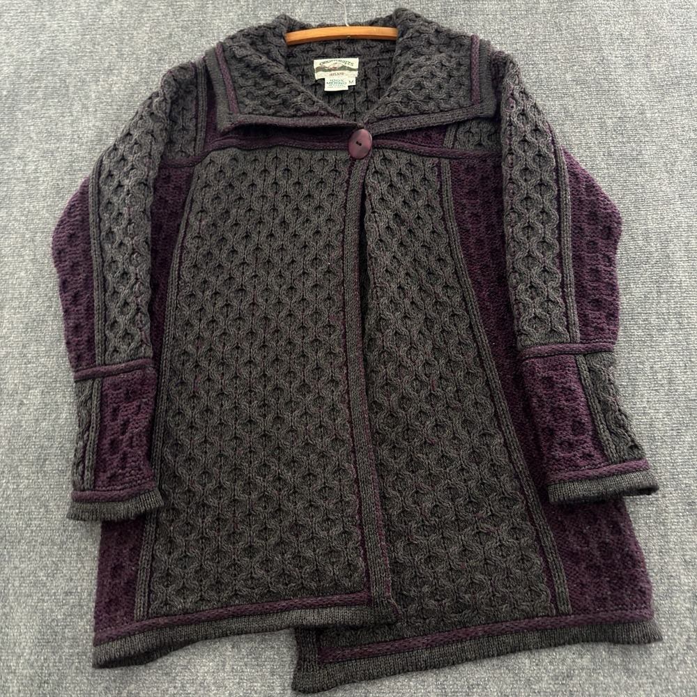 Aran Crafts Ireland 100% Merino Wool Cable Knit Cardigan Sweater Womens M